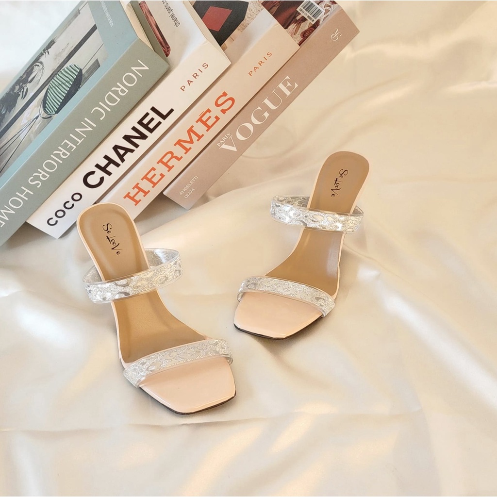 Arlaine - Elonia High Heels Wanita / Sandal Heels Wanita / Heels Brukat Kaca / Heels 7cm / Heels Pesta / Heels Kondangan
