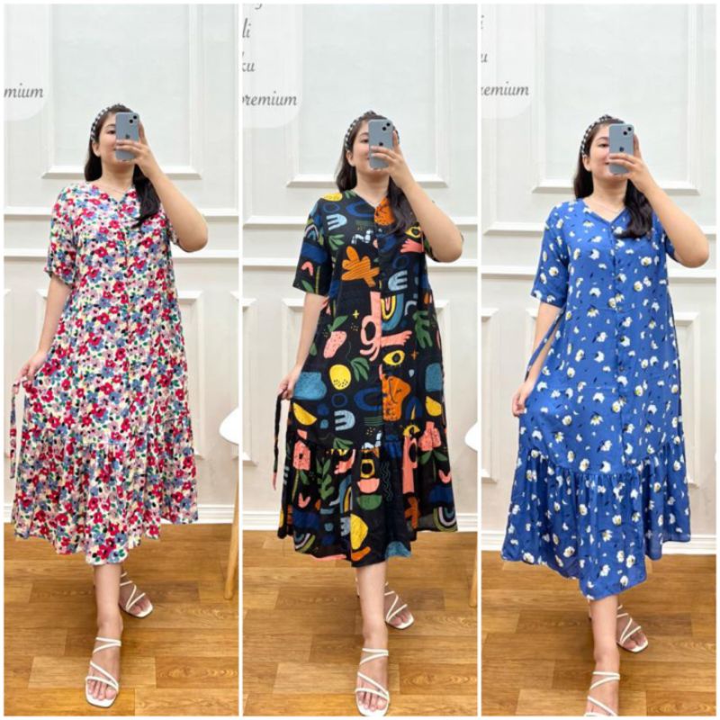 BISA COD LUNA DRESS MIDI DRESS KOREA PENDEK RUFFLE REMPEL FULL KANCING BUSUI JUMBO DASTER BUTIK BRAN