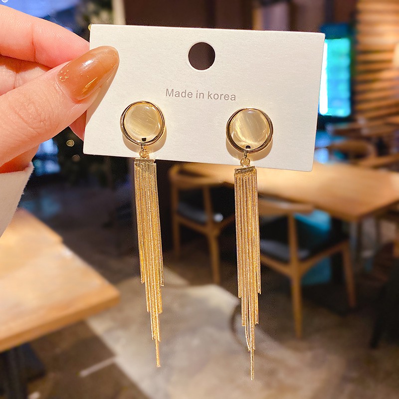 Anting Rumbai Panjang Desain Opal Bahan 925 Silver Needle Gaya Korea Untuk Wanita