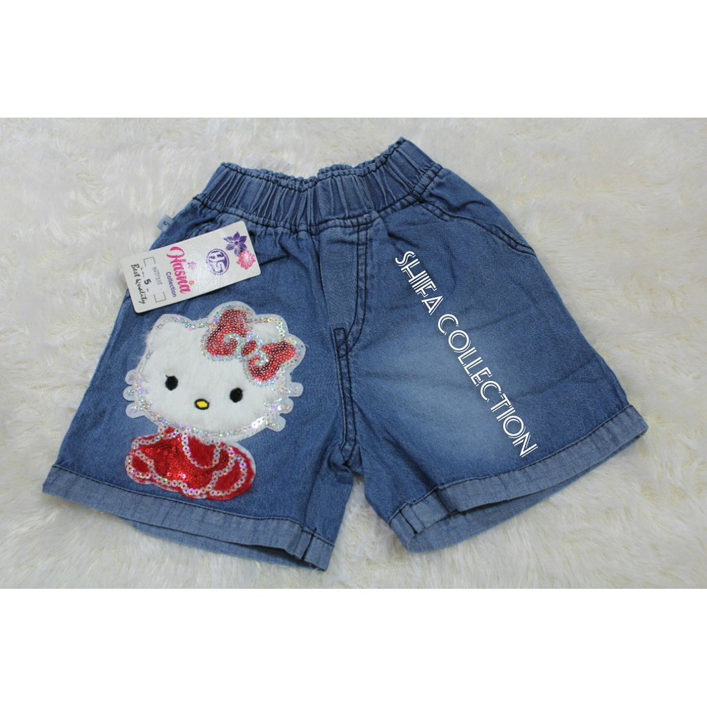 Celana Pendek Anak / Celana Jeans Pendek / Celana Hot Pant sJeans Karekter Boneka LED Size 4 5 6 / M L XL (usia 4-9 tahun)