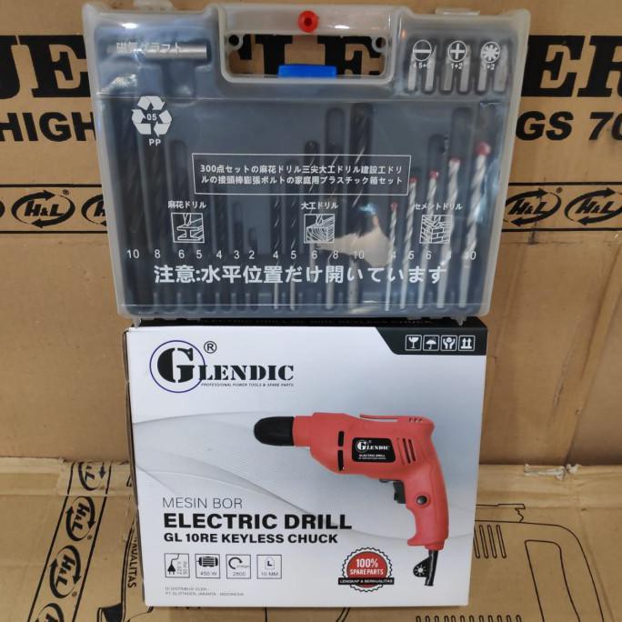 Paket Mesin Bor Listrik 10MM Glendic Mata Bor Set Komplit