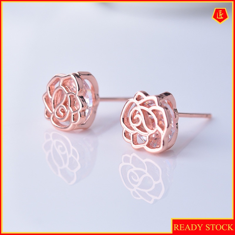 [Ready Stock]Rose Diamond Stud Earrings Fashion Simple