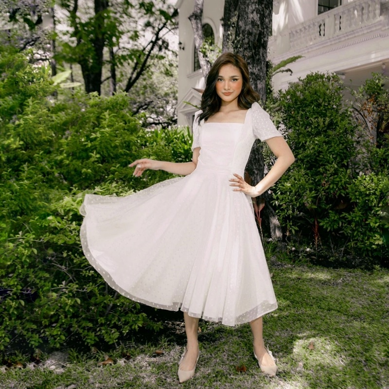 LANA DRESS - Dress pesta wanita midi a line polkadot square neck baju big size jumbo ukuran besar ko