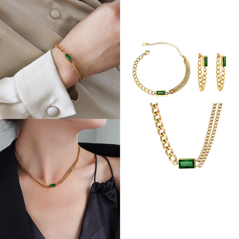 Gelang Kalung Dan Anting 18k Gold Emerald Untuk Wanita