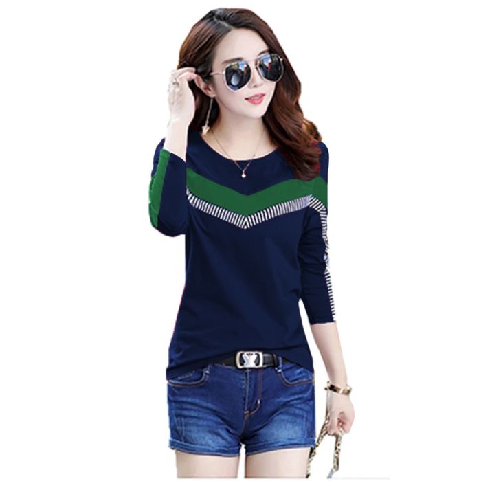 Kaos Tshirt Lengan Panjang Wanita Gaya korea Kombinasi Salur - Apple - Navy - JF