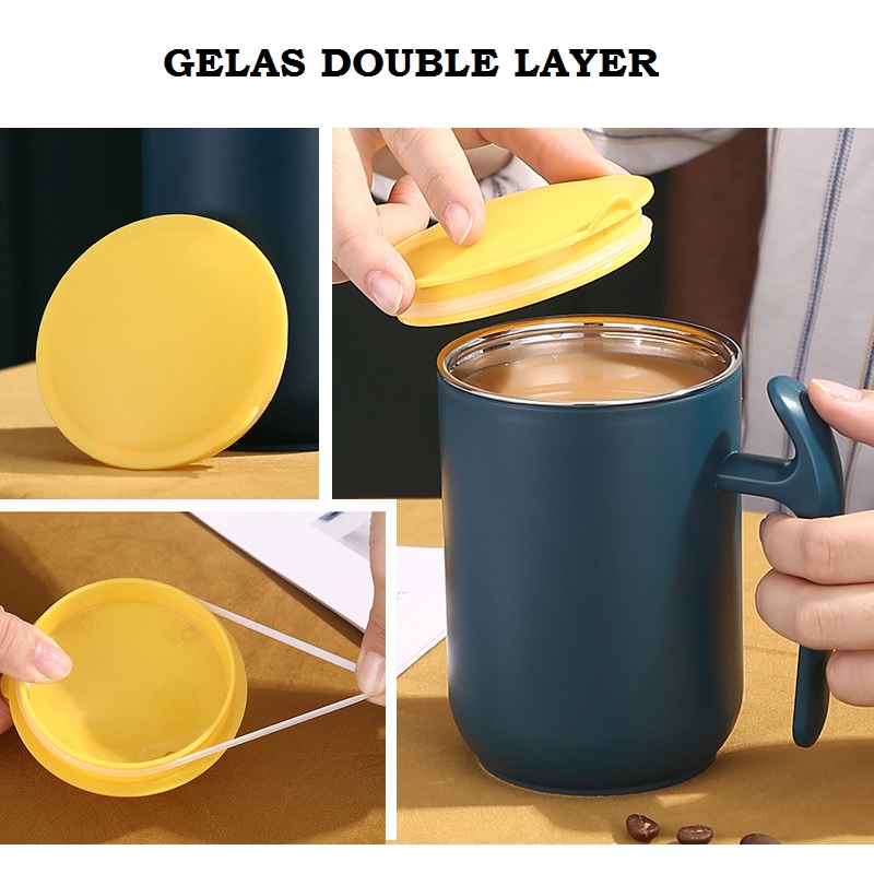 Gelas / Mug Kopi Double Layer Stainless Steel - Insulation Mug Lid Sealed Cup 550 ML