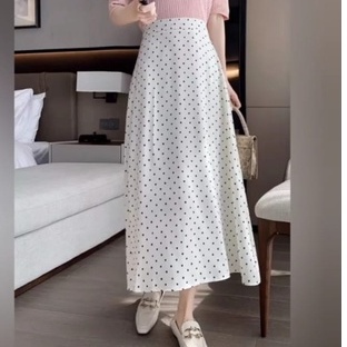 ROK POLKA L-XL-XXL/ROK PANJANG WANITA MOTIF POLKADOT/MAXI SKIRT A-LINE-PUTIH