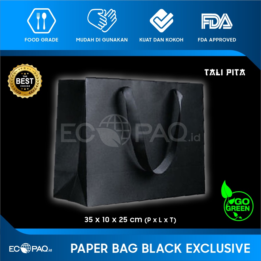 Paper Bag - Paperbag Polos HITAM - Tali Pita - 35x10x25 cm (12 pcs)