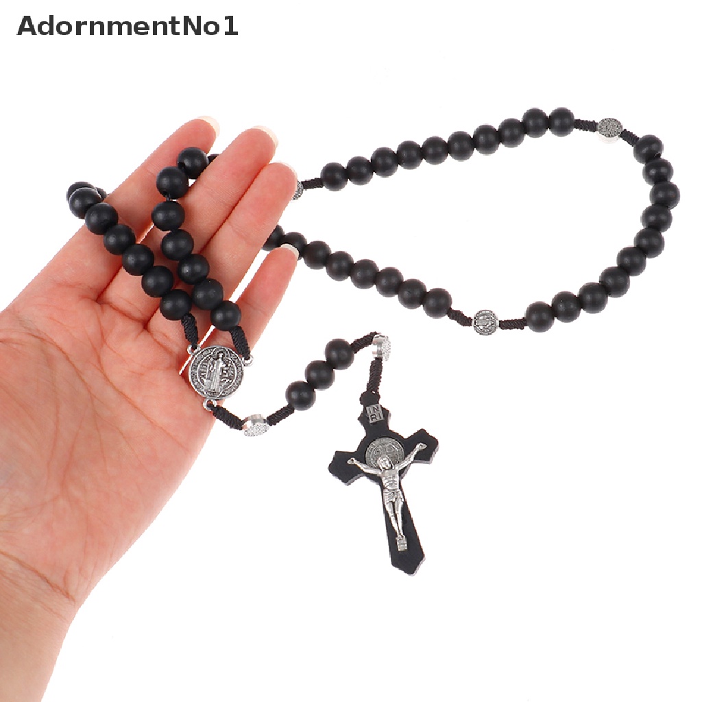 (AdornmentNo1) Kalung Rosario Manik Kayu Hitam Pendan Salib Yesus Gaya Antik