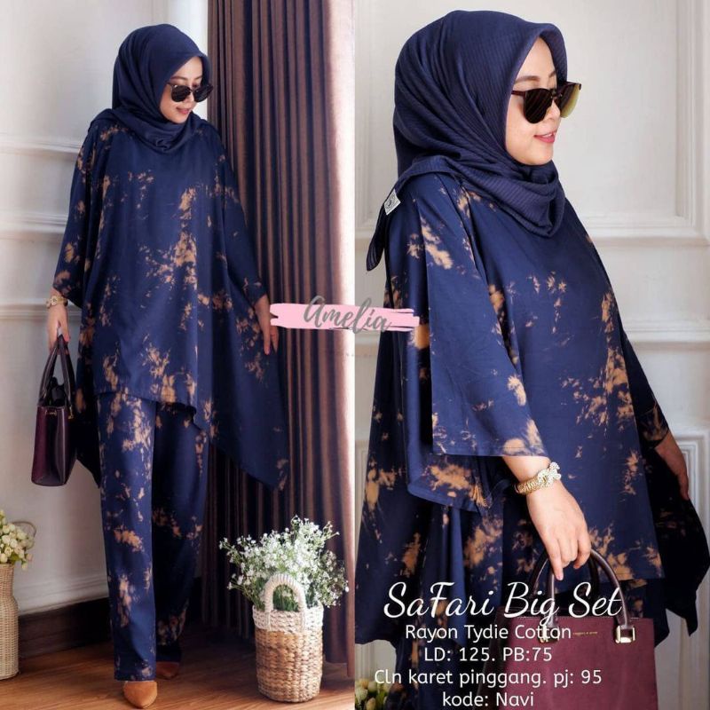 Safari Big Set - One Set Jumbo Waka Waka Setelan Wanita Rayon Batik Tie Dye Premium Set Celana Panjang Bigsize Kekinian LD 125 cm