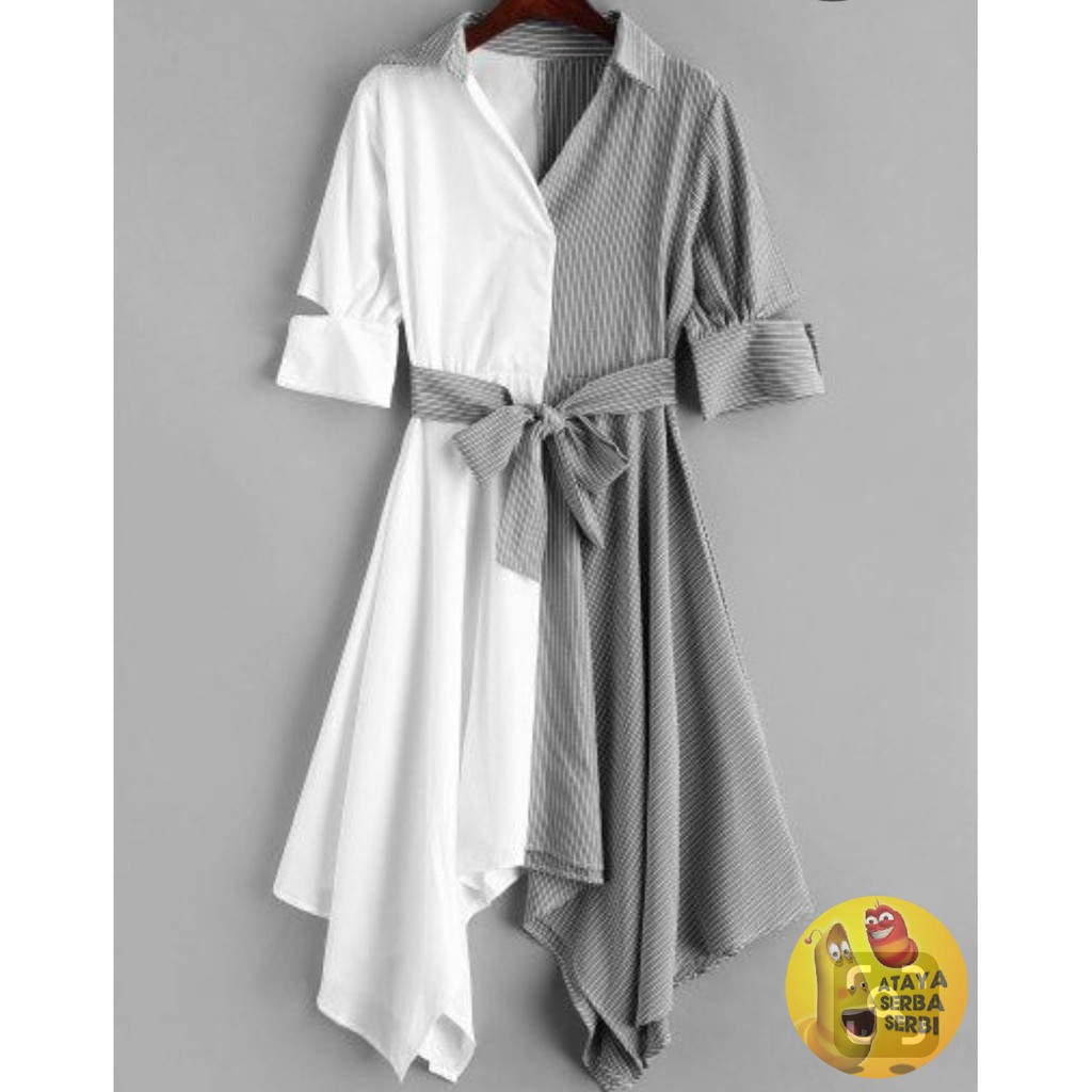 Kemeja asimetris wanita kerah V neck bahan adem atasan gaun elegant