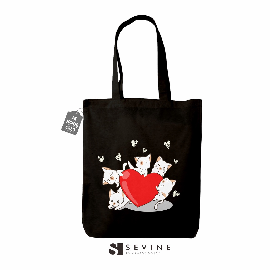 Sevine Totebag Tas Wanita Tote Bag Resleting Cute Cat Black Series Hitam - CSL3
