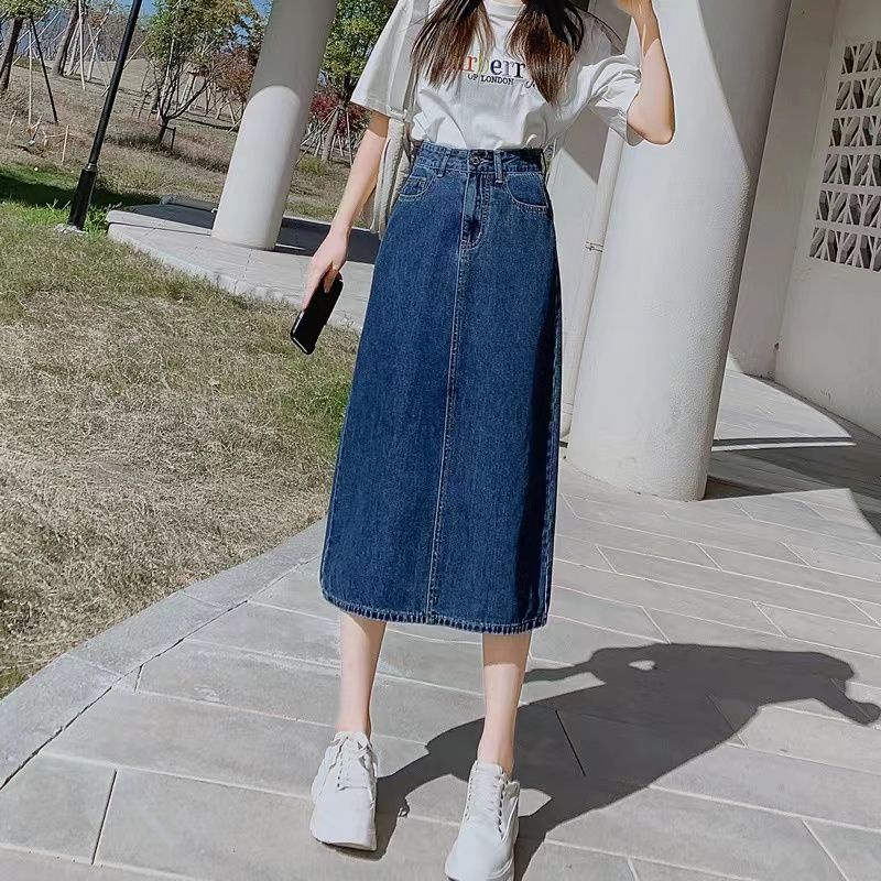 New Korean Rok Jeans Panjang Wanita kembali Slit skirt midi