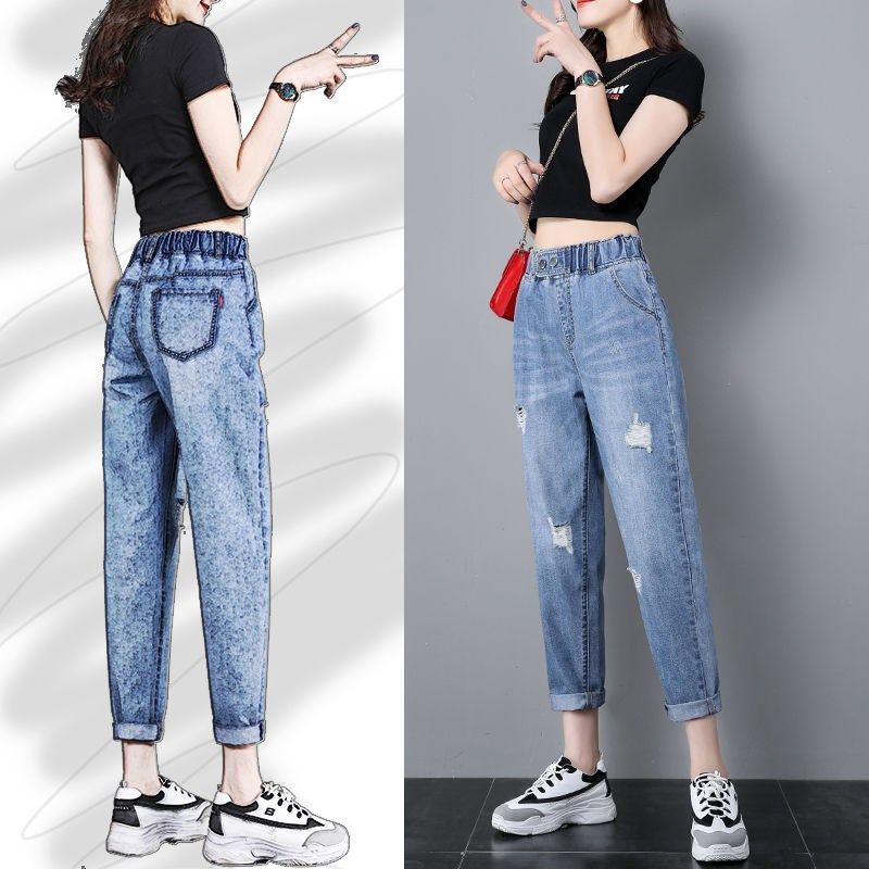 #Sisjuly# Wanita Pinggang Tinggi Celana Jeans Wanita Kesembilan Celana Longgar Celana Tua Musim Semi
