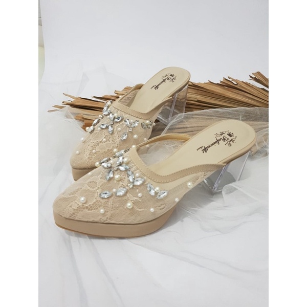 sepatu wedding shoes model lilysa wrna cream tinggi 7cm  kaca