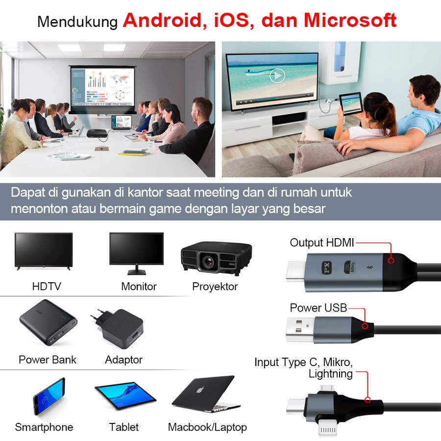 Kabel MHL HDMI to Micro Type C Lightning ke TV IOS Android PX MHA-110U