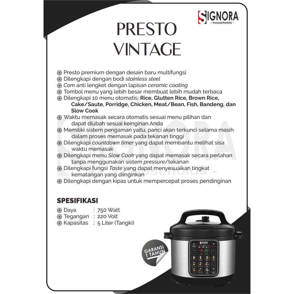 Presto Vintage / Pressure Cooker Signora Bonus Hadiah Kategori 5