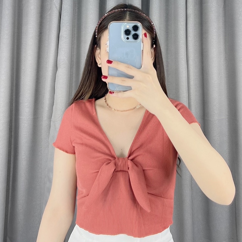 Crop top Vneck Bow | Crop Top Pita | Atasan Crop Korea Style