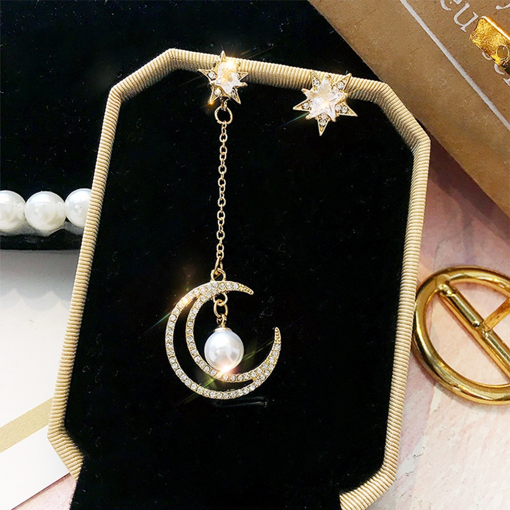 Hu Hu Hu Hu Hu Alat Bantu Pasang Kacamata♡ Anting Tusuk Asimetris Bentuk Bulan Bintang Hias Cubic Zirconia Untuk Wanita