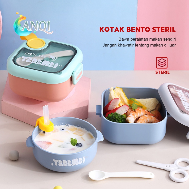 kotak makan ANQI SHOP 4Pcs Set Lunch Box Set Free Sendok Tempat Makanan anak kecil BPA free VS-79(Q3