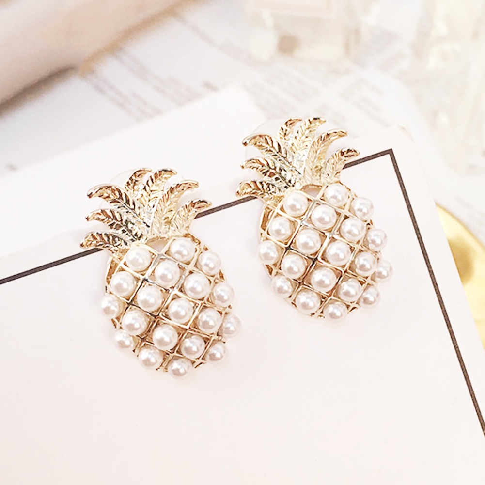 Hu Hu Hu Hu Hu Alat Bantu Pasang Kacamata♡ Anting Stud Bentuk Nanas Aksen Mutiara Tiruan Untuk Wanita