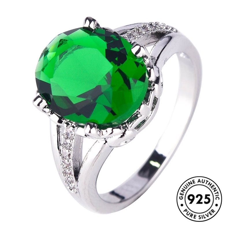 Cincin Bahan S925 Silver Emerald Gaya Elegan