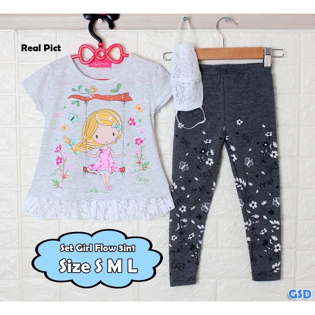 Set girl flow 3in1/Pakaian Anak Perempuan Renda / Baju Dan Celana Legging Murah/Baju Anak Harian