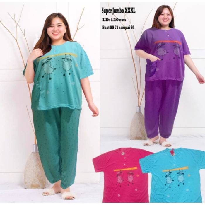 SETELAN WANITA BAJU TIDUR BABYDOLL CP JUMBO XXXL /PIYAMA BAHAN KAOS - Biru