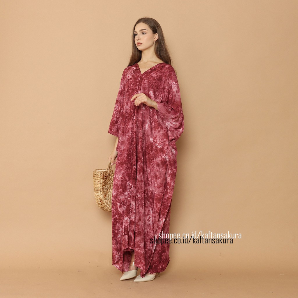 KAFTAN TIE DYE MARBLE TERBARU WARNA MERAH BAHAN RAYON LEMBUT OVERSIZE LEBARAN MURAH 2021