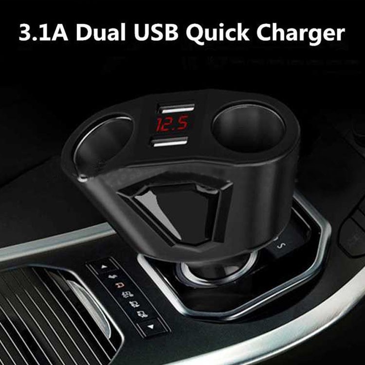 Car Charger Mobil Voltage Monitor 2 Port 3.1A 2 Lighter Socket 120W