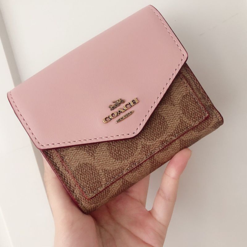 Coach Small Wallet In Signature Canvas With Floral Bow Brown Pink Signature(67246)