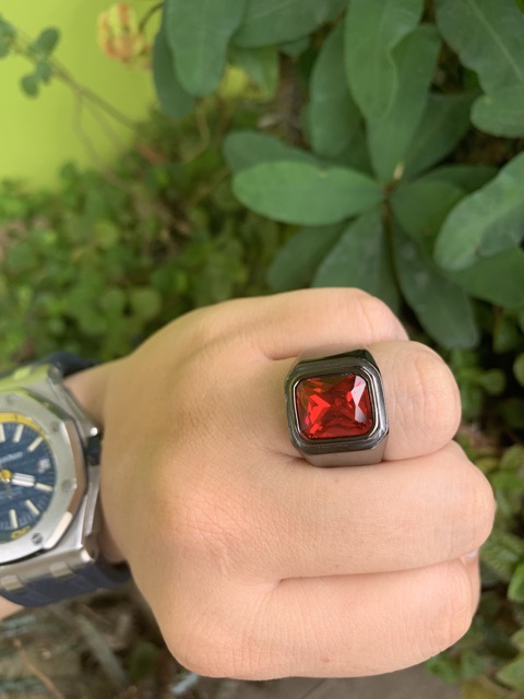 Cincin Pria Octagon Red Ruby Akik Merah Garnet Cutting Mewah Ring Black Titanium Stainless Steell