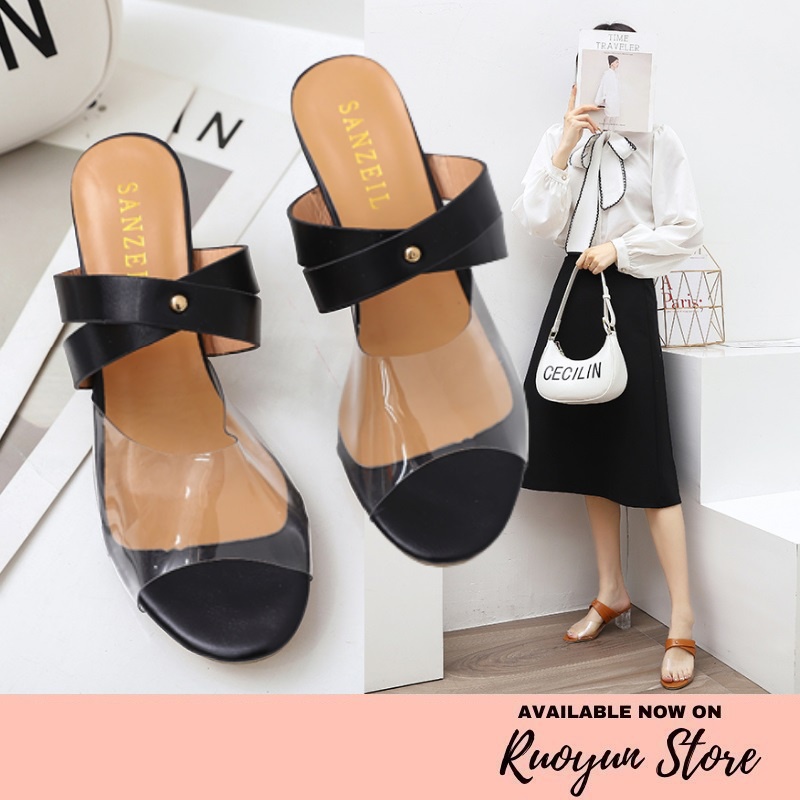 RYX - Vlenia Double Sandal Heels Slip-On Transparan Wanita Fashion Casual - Ori Import