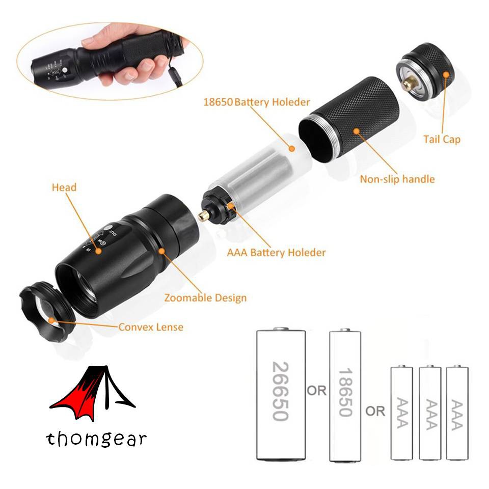 Thomgear Taffled Senter Swat Tactical Led Cree Xml-T6 3000 Lumens + Baterai + Charger + Box - E97 Jm