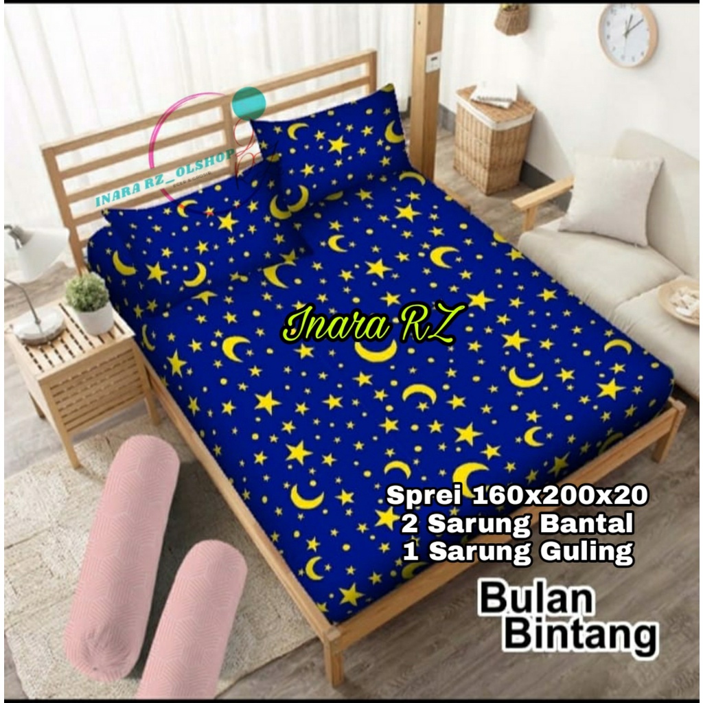 Sprei Homemade Star Night, Sprei Starmoon, Seprai Bulbin Biru 160x200, Sprei 100x200 Bulan Bintang