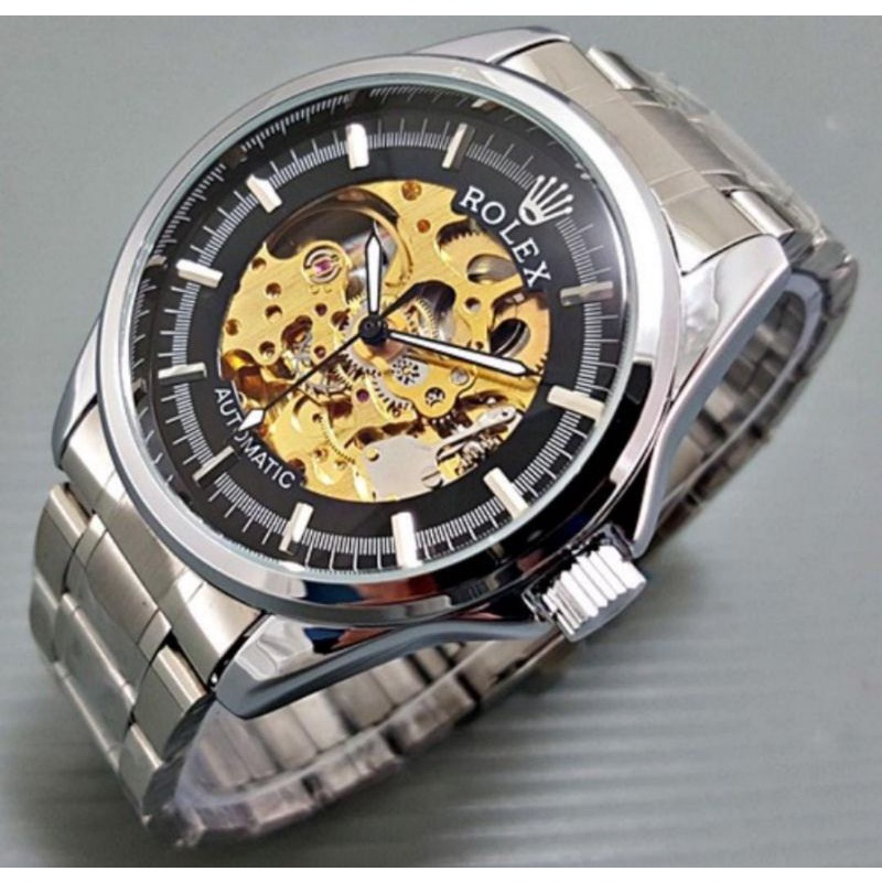 Jam Tangan Stainless Steel Otomatis Skeleton Garis Transparan Tanpa Baterai