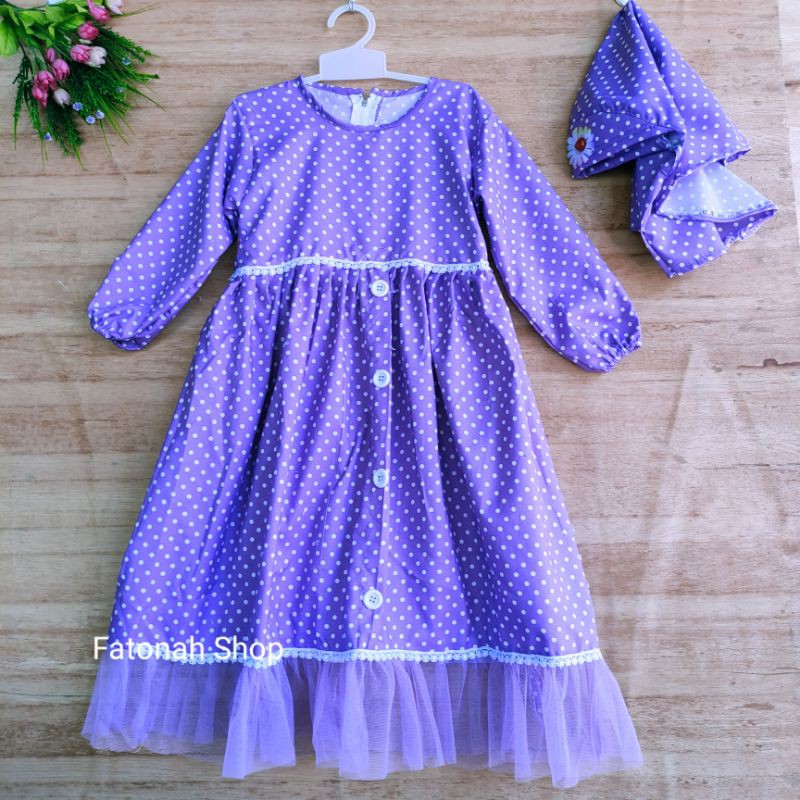 Gamis anak 3 4 tahun polka tutu bonus jilbab rempel lucu polkadot tutul ( gamis polka tutu imut )