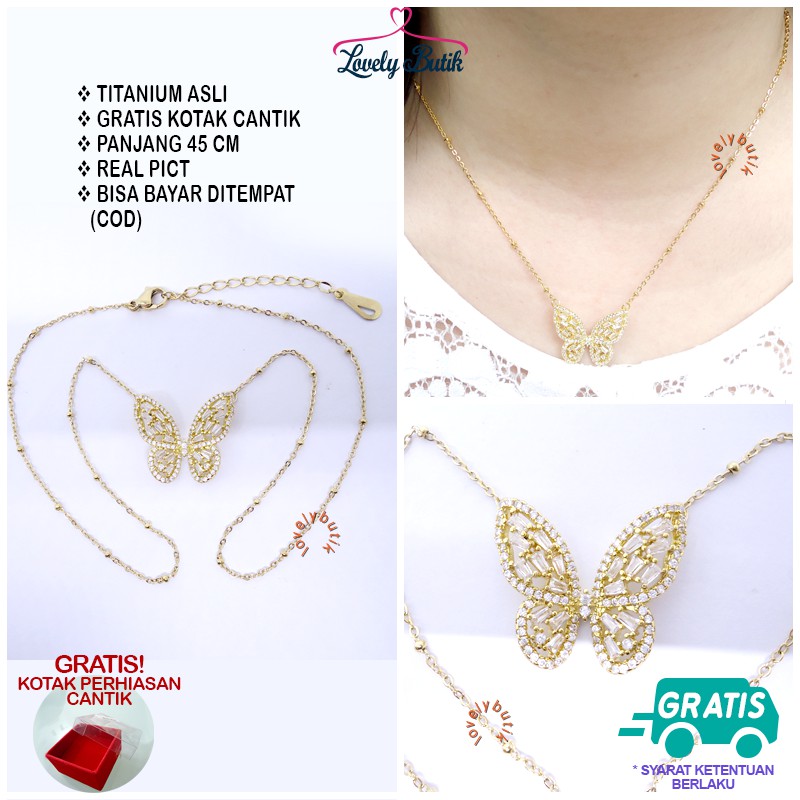 Lovelybutik Kalung Titanium Anti Karat Mona Kalung Kupu Titanium Ukuran 45 Cm Rantai Biji Lada