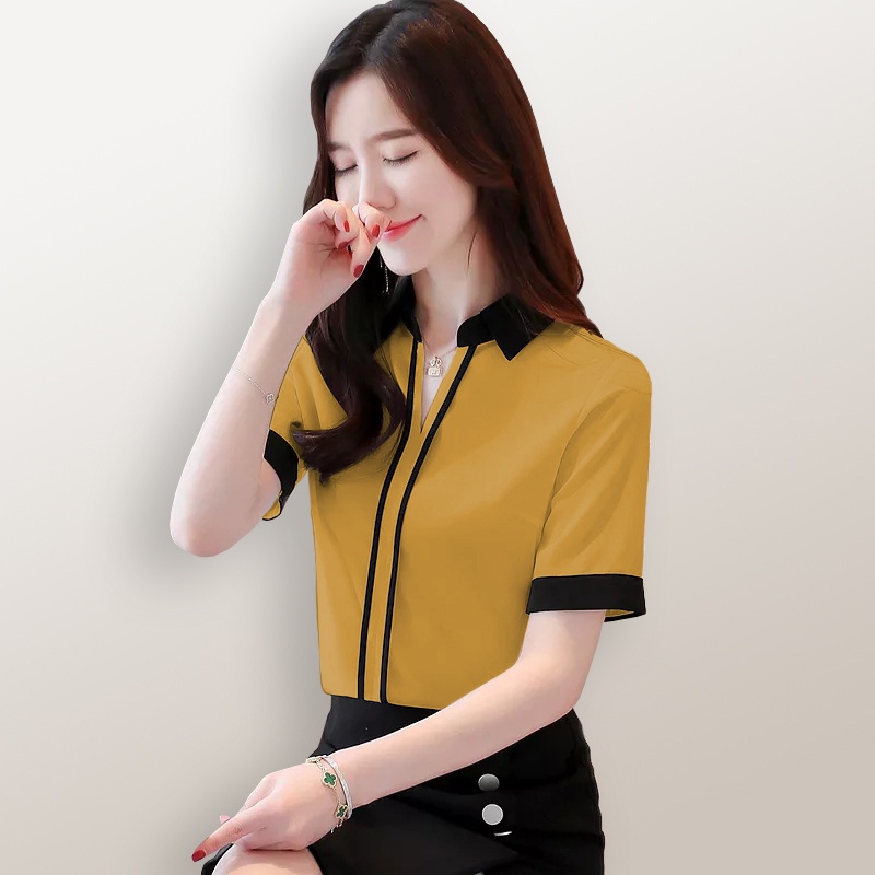 Blus lengan pendek wanita Gaya Korea variasi krah kemeja - XSHOP Renatta SS