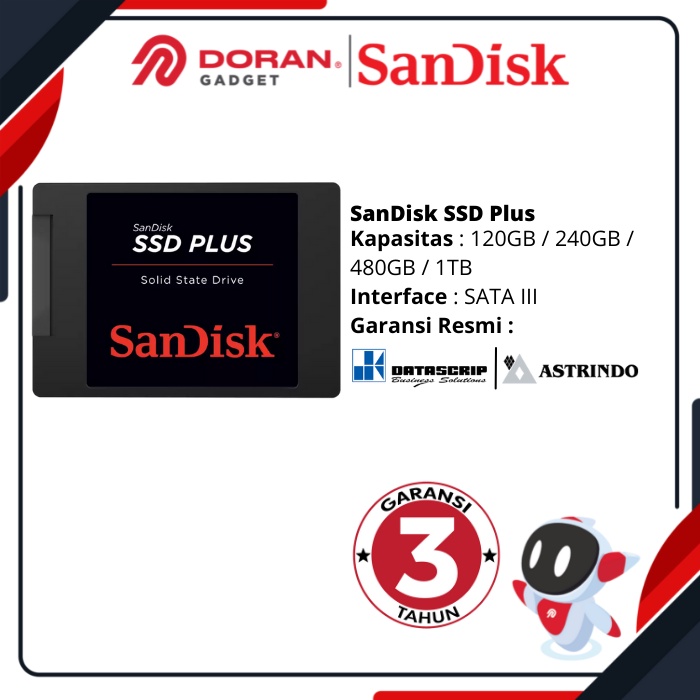 SSD Internal Komputer PC Sandisk 120GB 240GB 480GB 1TB 1 Tera | 120 240 480 GB 1 TB Sandisk SSD Plus Solid State Drive - Garansi Resmi 3 Tahun-0