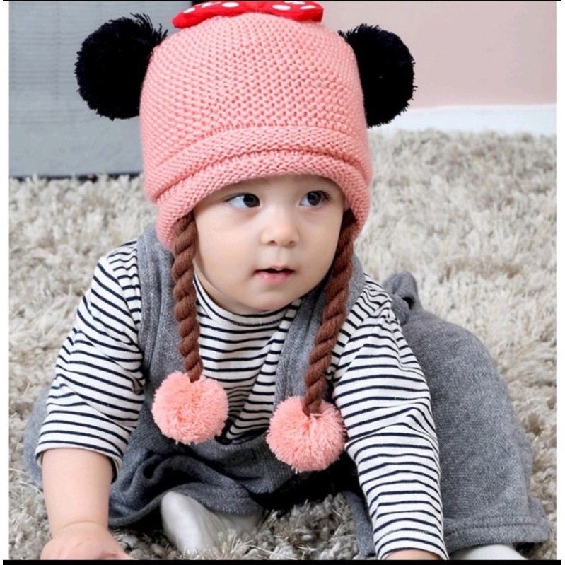 Topi Rajut kepang anak model Mickey Mikey pita