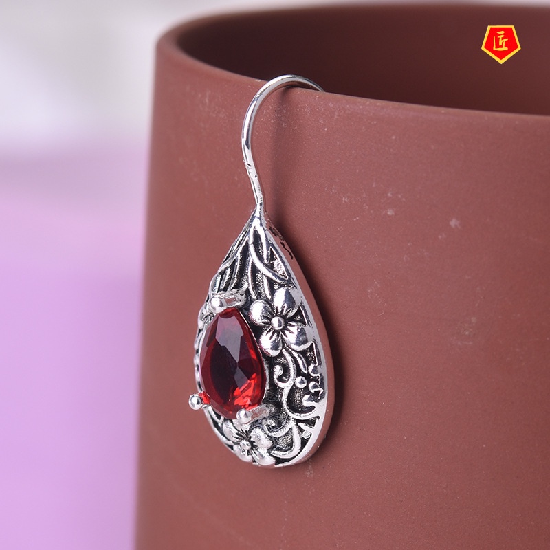 [Ready Stock]Vintage Silver Carved Flowers Ruby Earrings