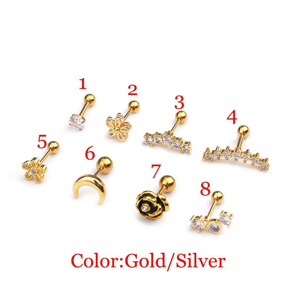 Solighter 1PC Anting Tindik Kristal Silver/Gold Bunga Mawar Bulan Gelombang Helix Tragus Studs