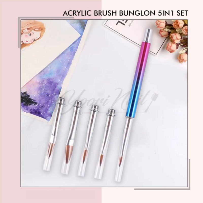 5in1 acrylic brush bunglon set kuas nail art acrylic 3d 5 in 1