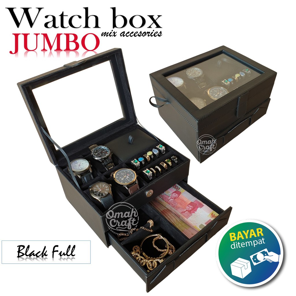 SIZE JUMBO - Kotak Jam Tangan isi 4 Kombinasi Perhiasan dan Aksesoris / Jewelry Box Warna HITAM FULL