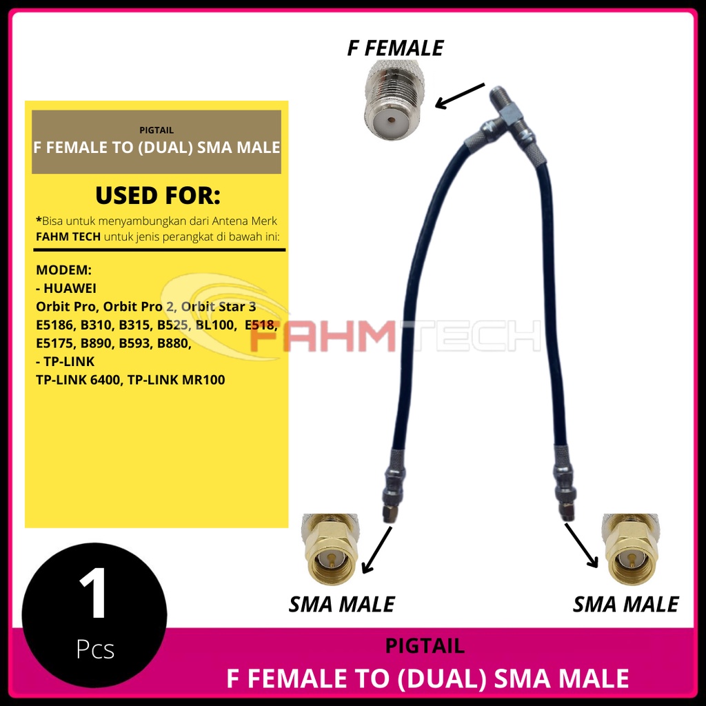 PIGTAIL MODEM, ROUTER, MIFI, F FEMALE TO DUAL SMA MALE