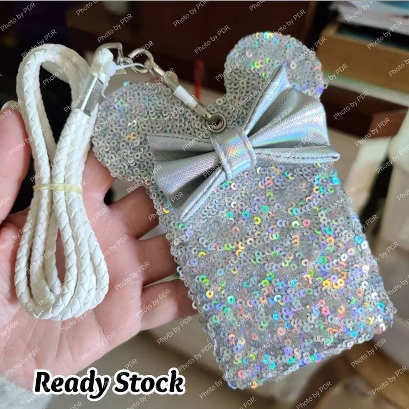 

Pass Case With Neck Strap / Lanyard Card Holder Tempat Kartu Dengan Tali Panjang Disney Loungefly Sequin Payet Cantik Silver Hologram Minnie Mouse