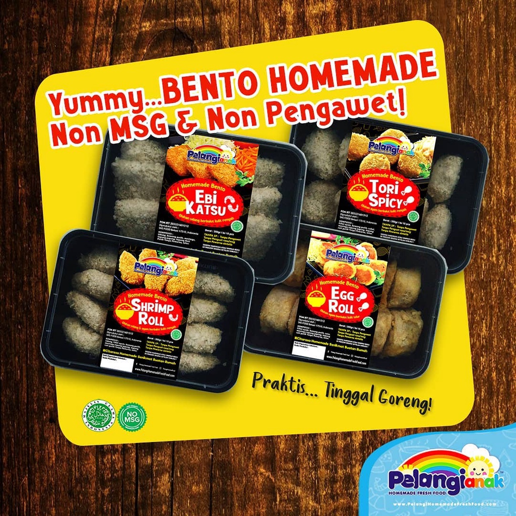 

Pelangi Anak Frozen Bento Homemade Premium Halal Non MSG Bento Nugget Shrimp Roll / Ebi Katsu / Egg Chicken Roll Pelangi Anak Original Frozen Food Nagget Cemilan Anak Sehat Non MSG / Tanpa MSG dan Tanpa Pengawet