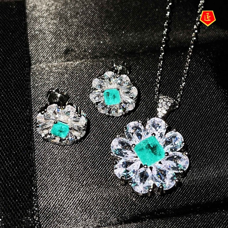 [Ready Stock]Natural Paraiba Necklace Ear Stud Jewelry Set