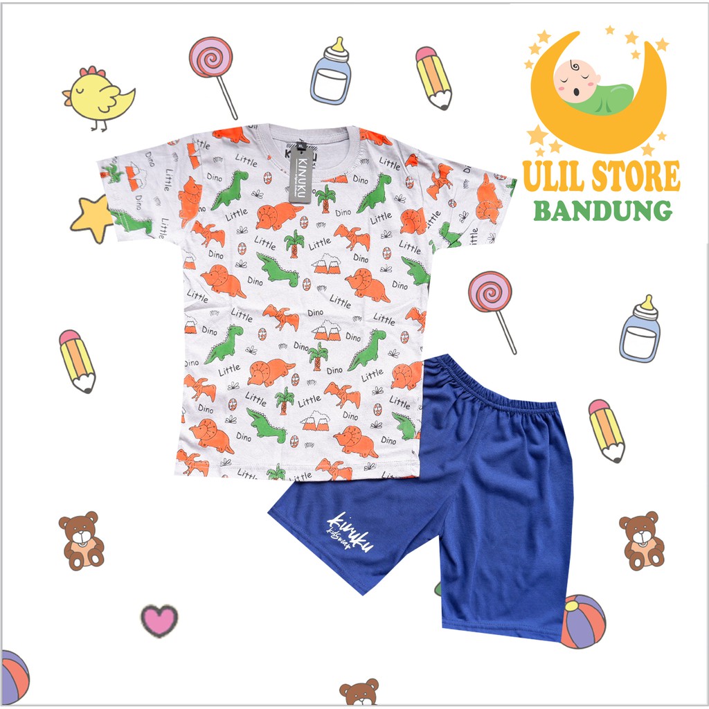 SETELAN BAJU ANAK PENDEK USIA 1-8 TAHUN BAHAN KATUN LEMBUT 30s MOTIF LITTLE DINO